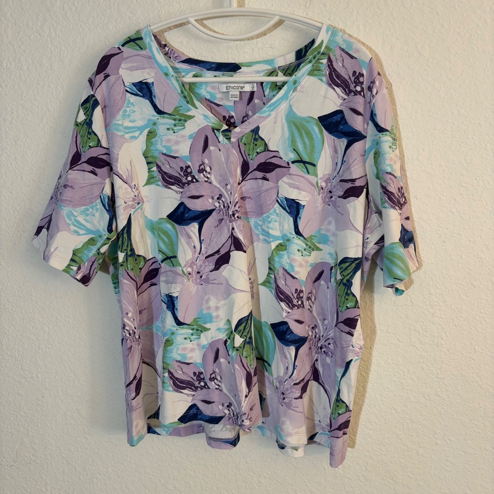 Chico's Floral V-Neck Knit Top Women Size 3 XL Purple Blue White